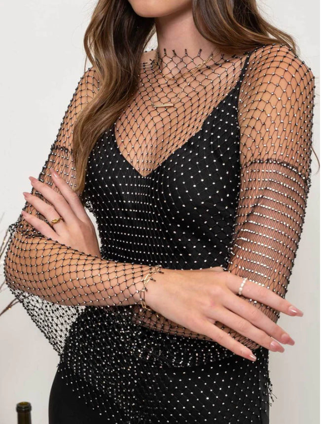 rhinestone fishnet dress long sleeve STAR OF THE NIGHT MESH LONGSLEEVE MAXI DRESS IN BLACK
