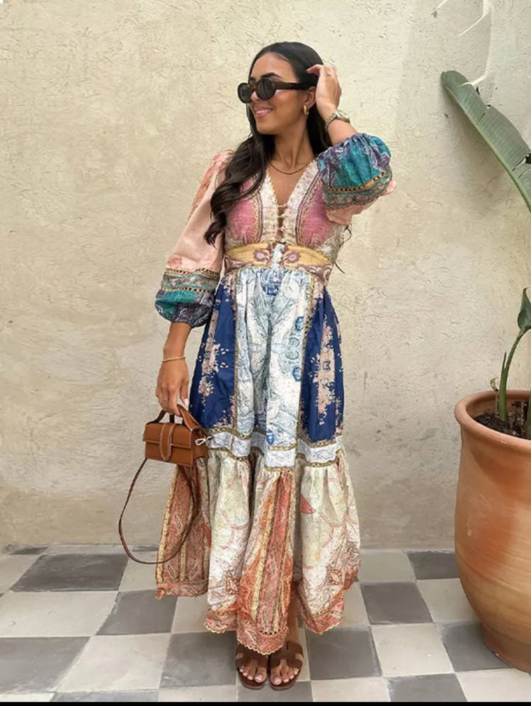 Puff-Sleeve Color-Block Dress