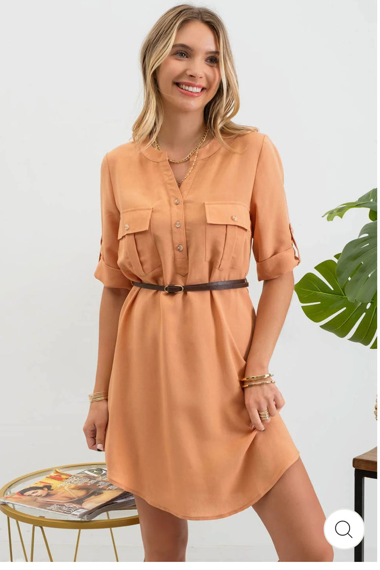 Three-Quarter-Sleeve Belted Mini Dress