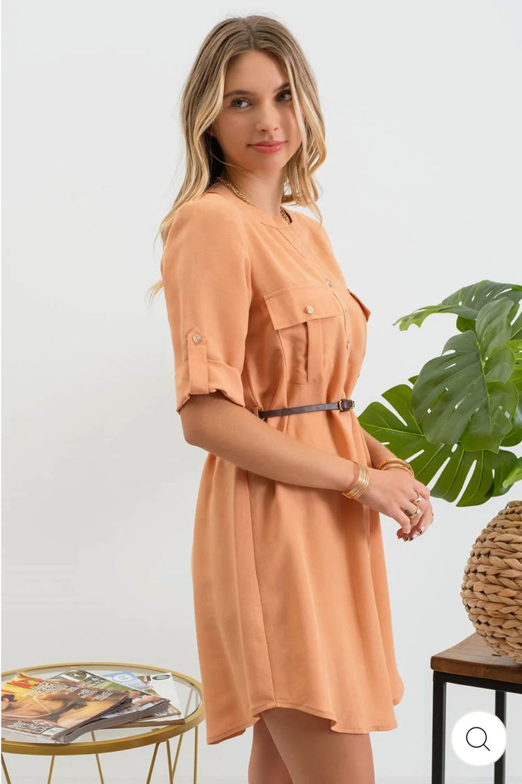 Three-Quarter-Sleeve Belted Mini Dress