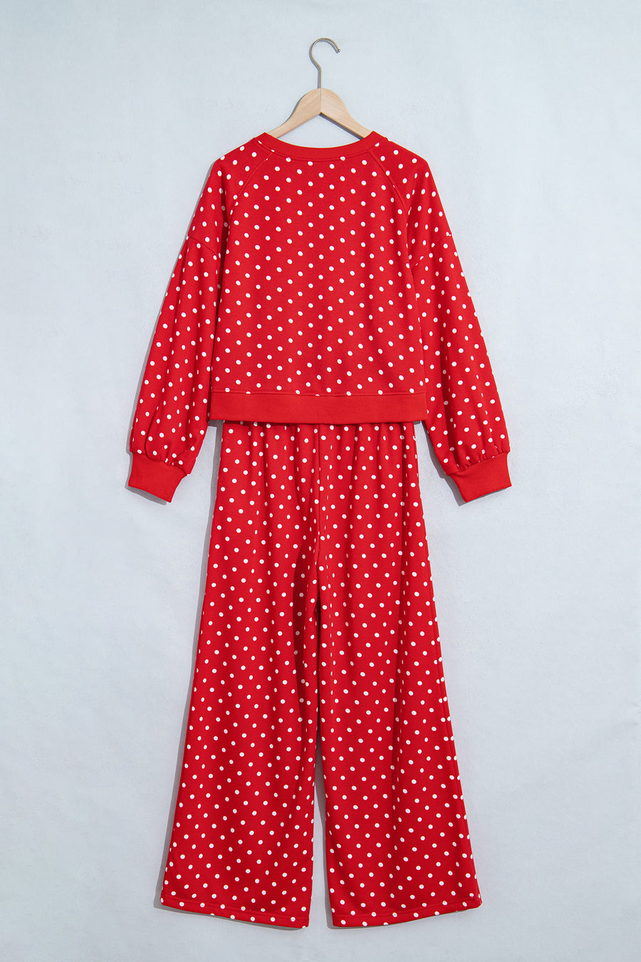 Brown Polka Dot Drawstring Wide Leg Long Sleeve Top Pant Set