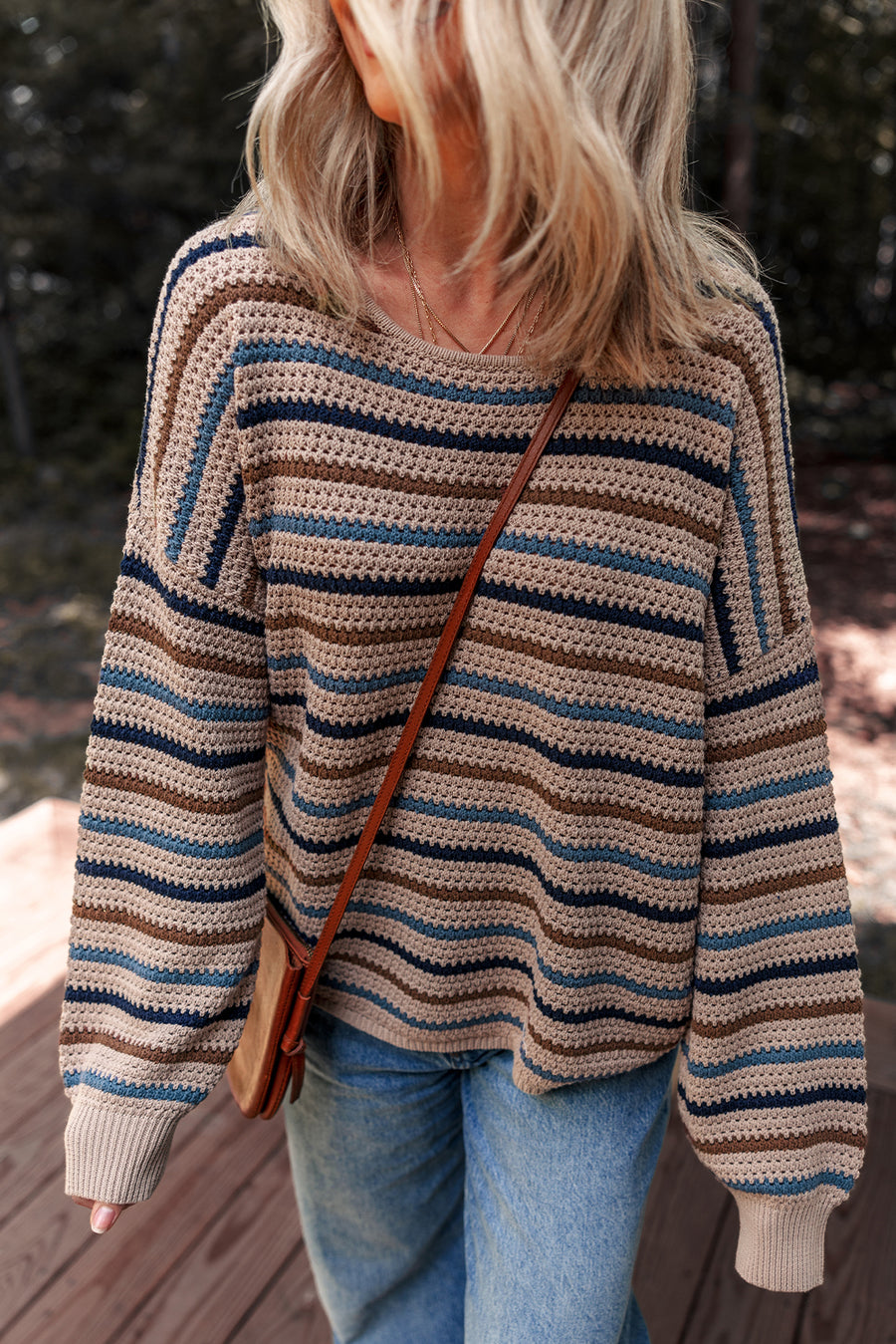 Multicolour Striped Knitted Drop Shoulder Round Neck Sweater