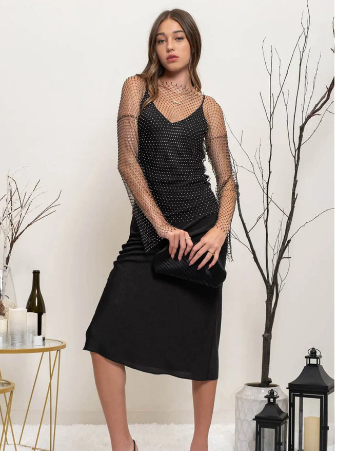 rhinestone fishnet dress long sleeve Natalie Rhinestone Fishnet Mini Dress - Pink
