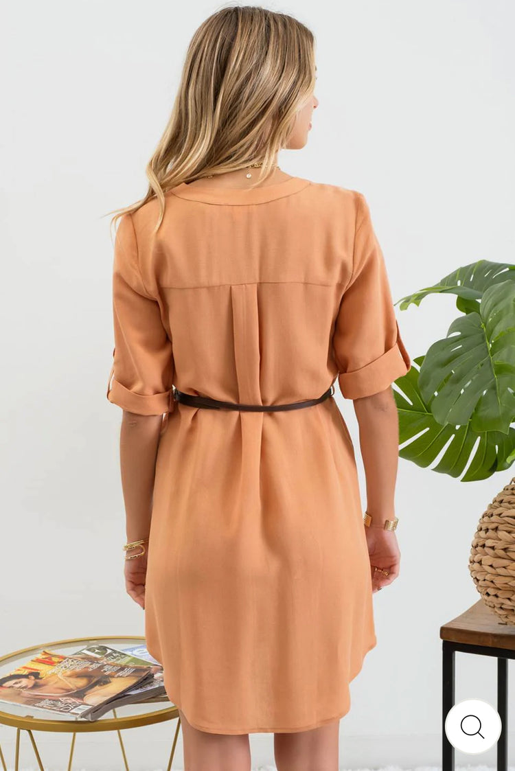Three-Quarter-Sleeve Belted Mini Dress