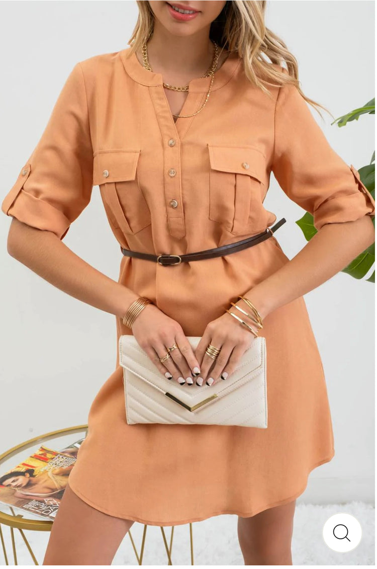 Three-Quarter-Sleeve Belted Mini Dress