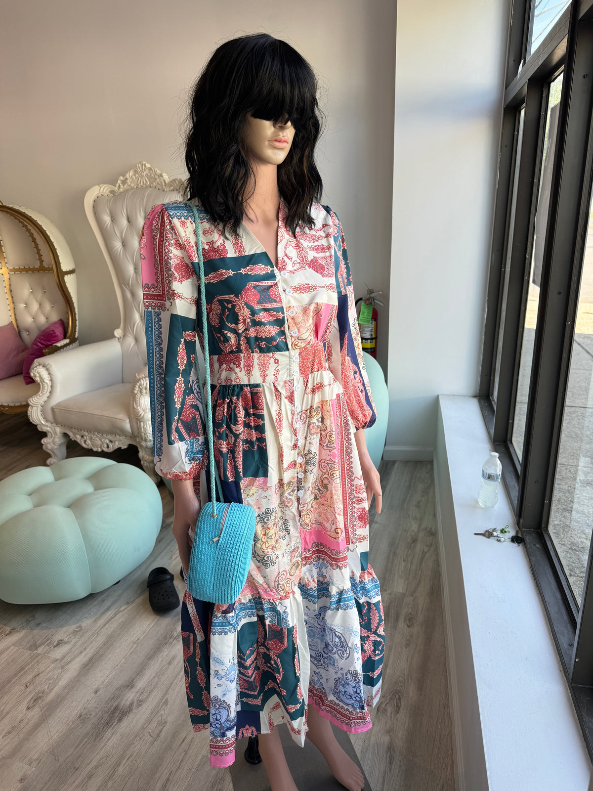 Puff-Sleeve Color-Block Dress