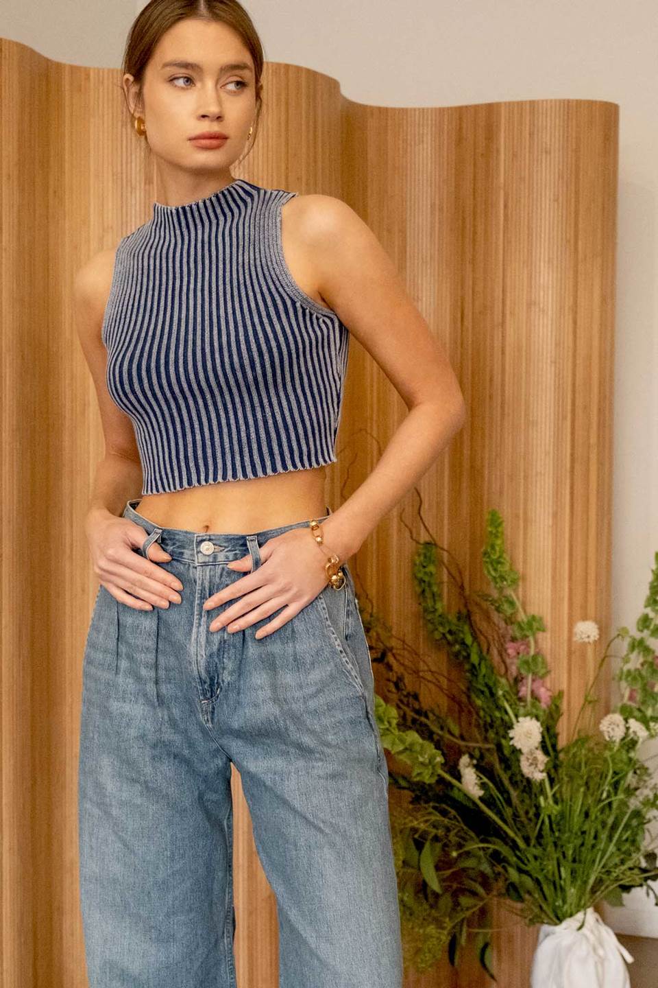 Washed Sleeveless Sweater-Knit Top