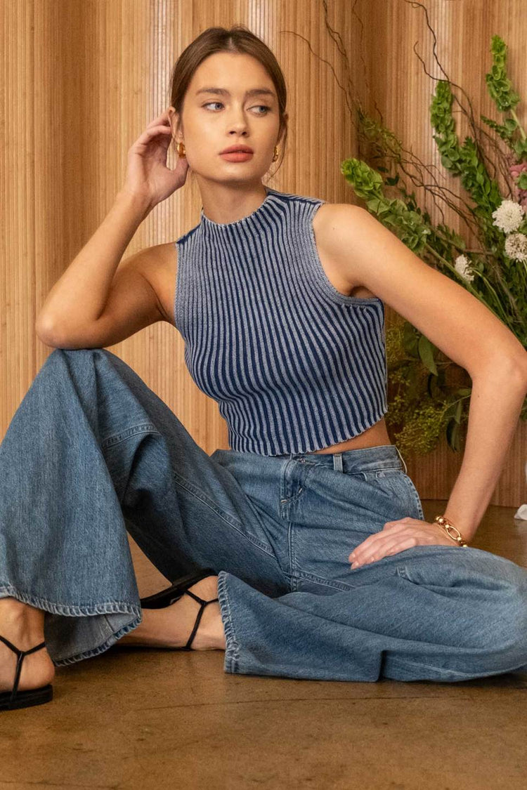 Washed Sleeveless Sweater-Knit Top
