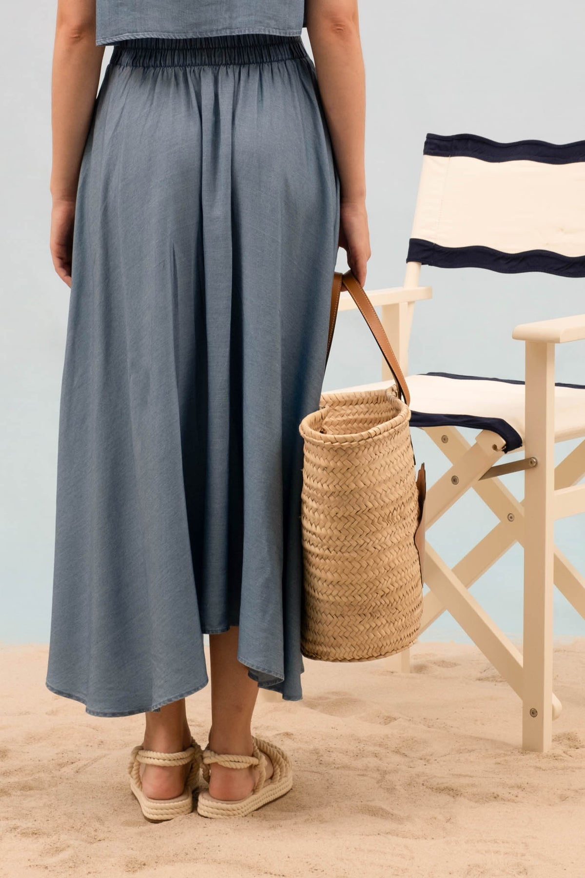 Chambray Pleated Midi Skirt