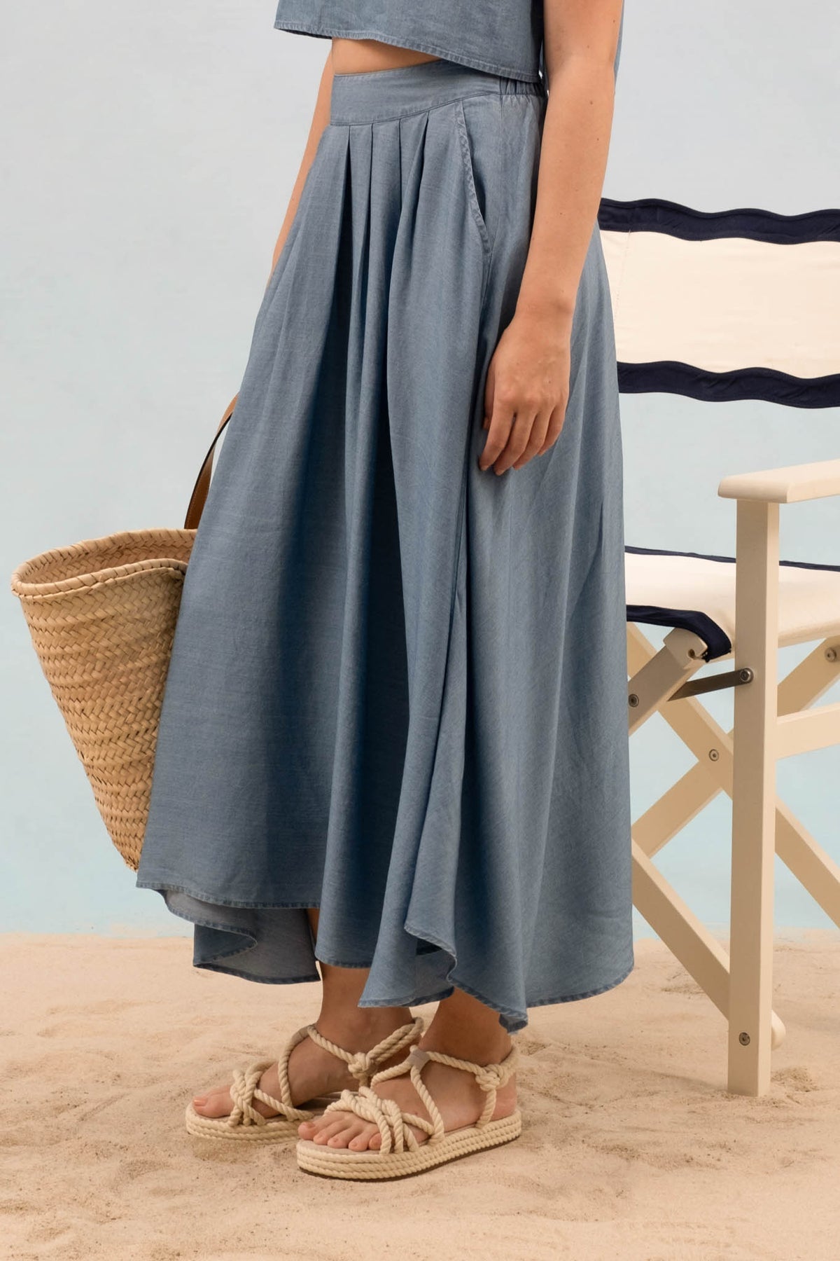 Chambray Pleated Midi Skirt