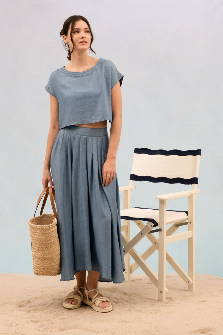 Chambray Pleated Midi Skirt