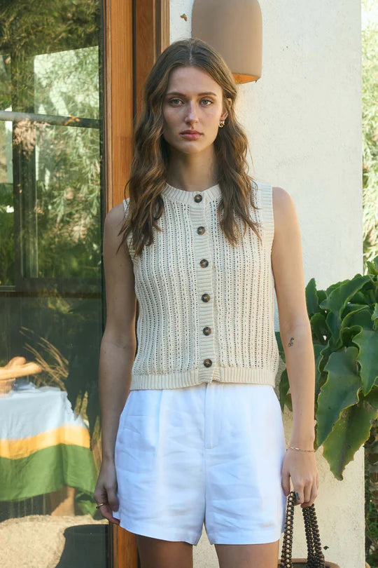 CREW NECK BUTTON DOWN SLEEVELESS KNIT CARDIGAN