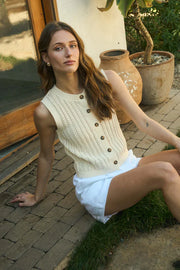 CREW NECK BUTTON DOWN SLEEVELESS KNIT CARDIGAN
