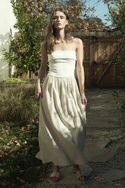 MIX MEDIA CONTRAST STRAPLESS FOLD OVER MIDI DRESS