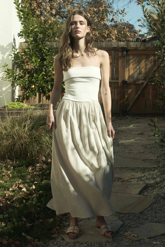 MIX MEDIA CONTRAST STRAPLESS FOLD OVER MIDI DRESS