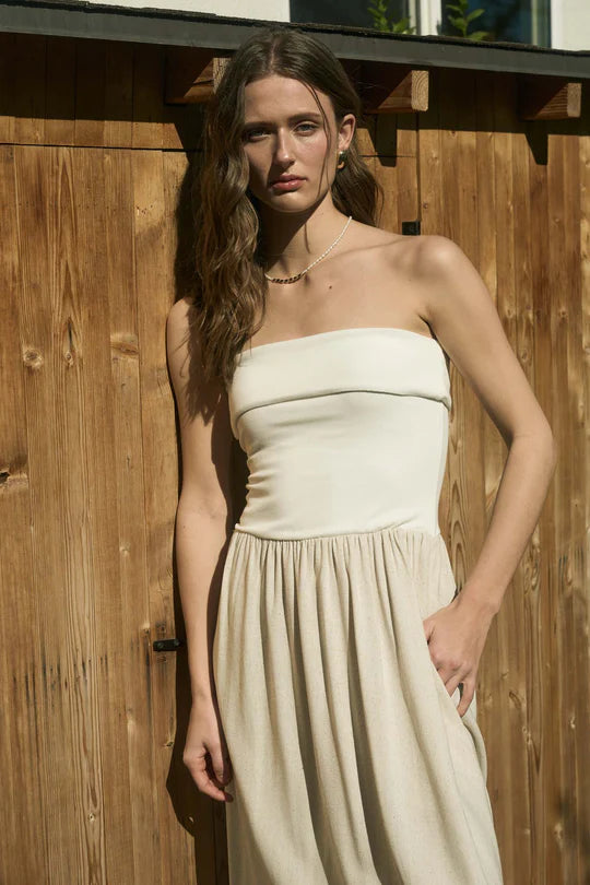 Contrast Strapless Fold-Over Midi Dress