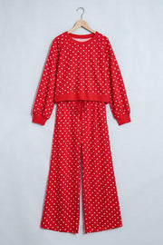 Brown Polka Dot Drawstring Wide Leg Long Sleeve Top Pant Set