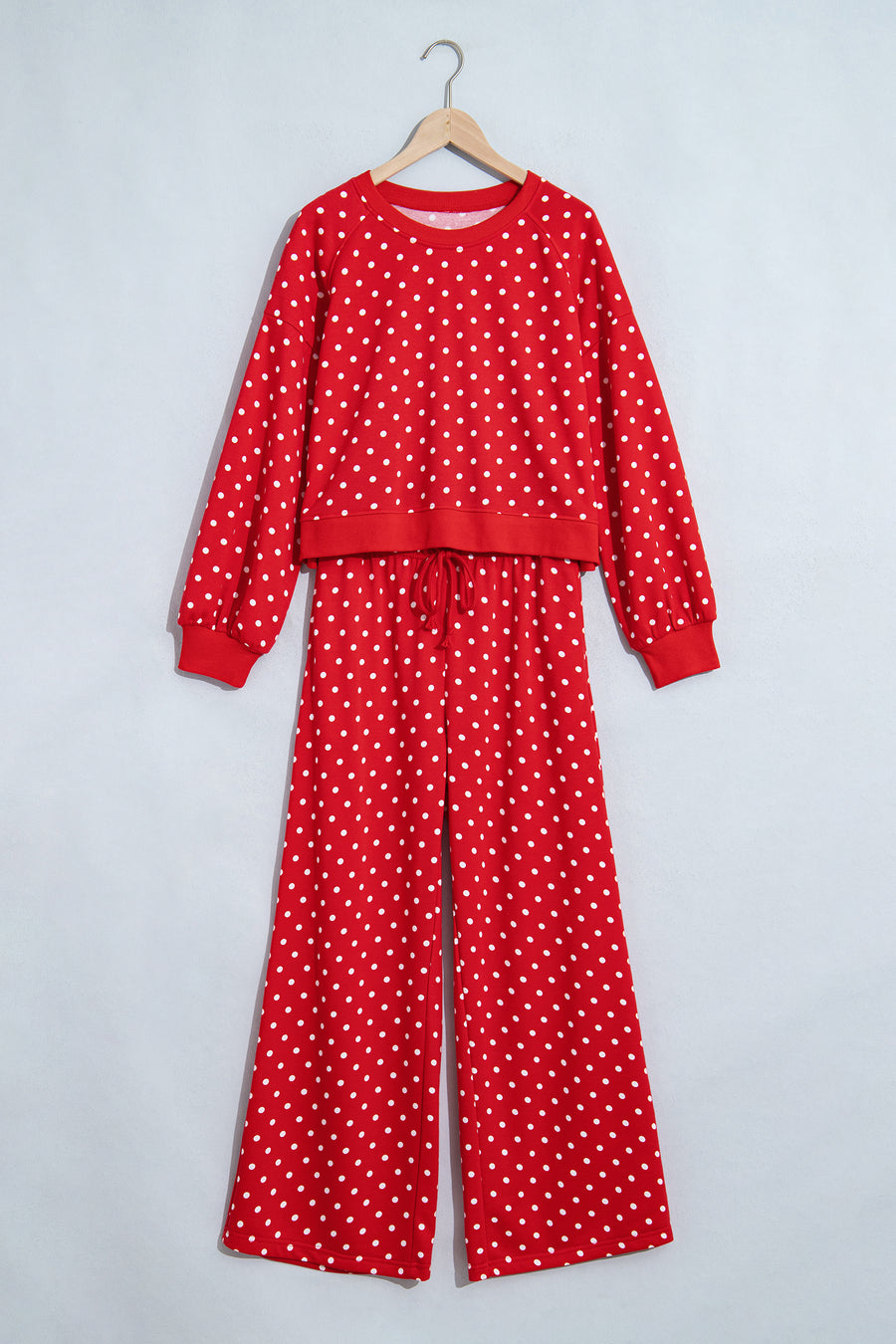 Brown Polka Dot Drawstring Wide Leg Long Sleeve Top Pant Set